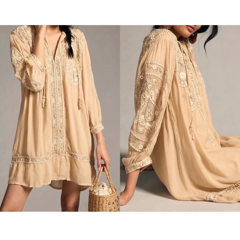Anthropologie Tunic Dress Small Tan Deco Embroidered Paisley Boho Tassel Neutral